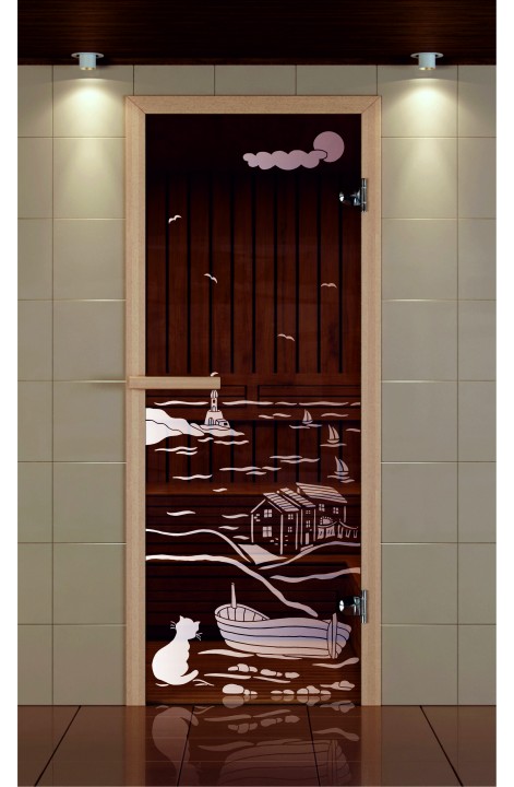 Дверь для сауны стандарт, серия "Дом у моря ночь", стекло бронзовое