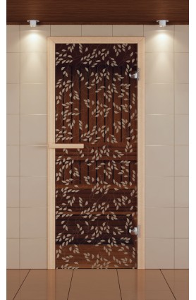 Дверь для сауны стандарт, серия "Листья березы", стекло бронзовое