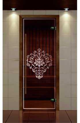 Дверь для сауны, серия "Премиум", коробка бук стекло с рисунком Лотос