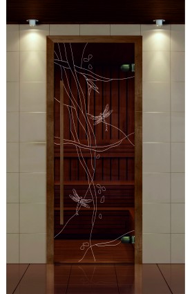 Дверь для сауны, серия "Премиум", коробка бук стекло с рисунком Стрекоза